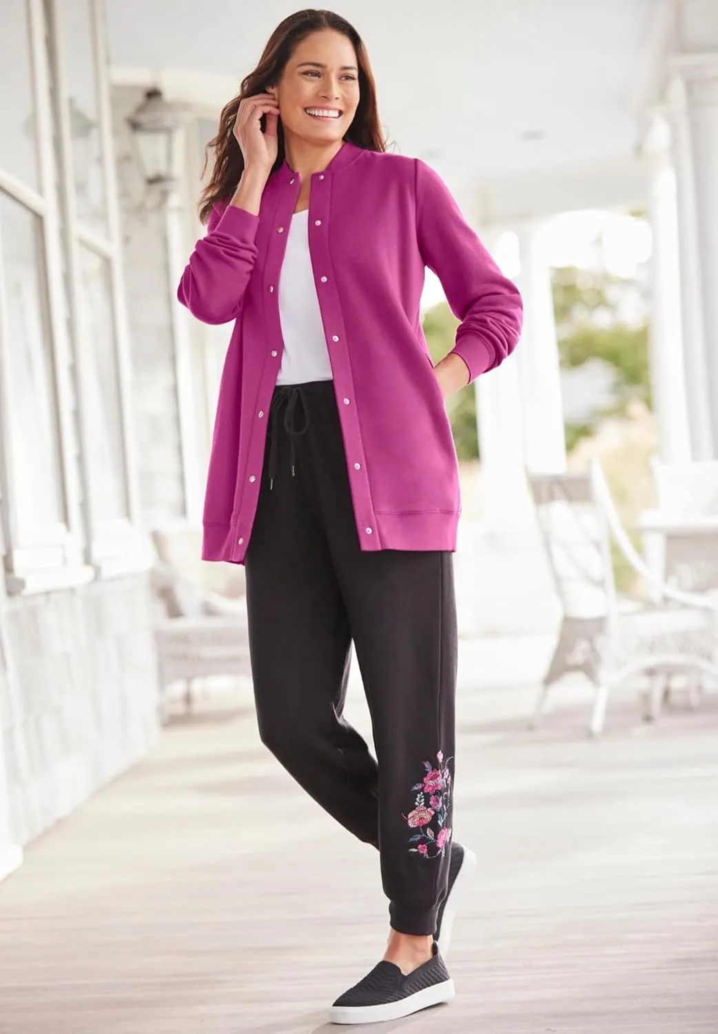 Woman Within Plus Size Fleece Baseball Jacket Long Oversized Fleece Coat