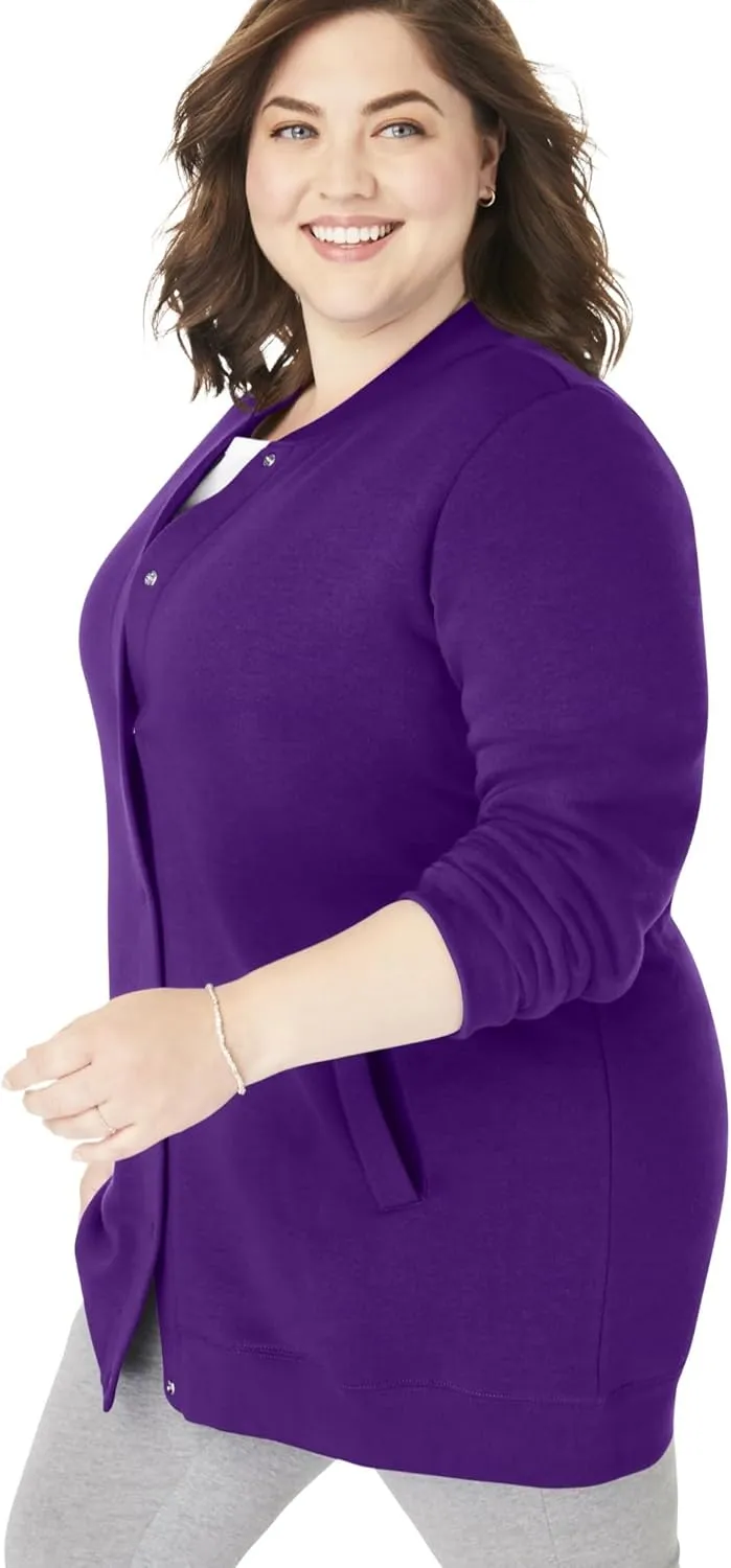 Woman Within Plus Size Fleece Baseball Jacket Long Oversized Fleece Coat