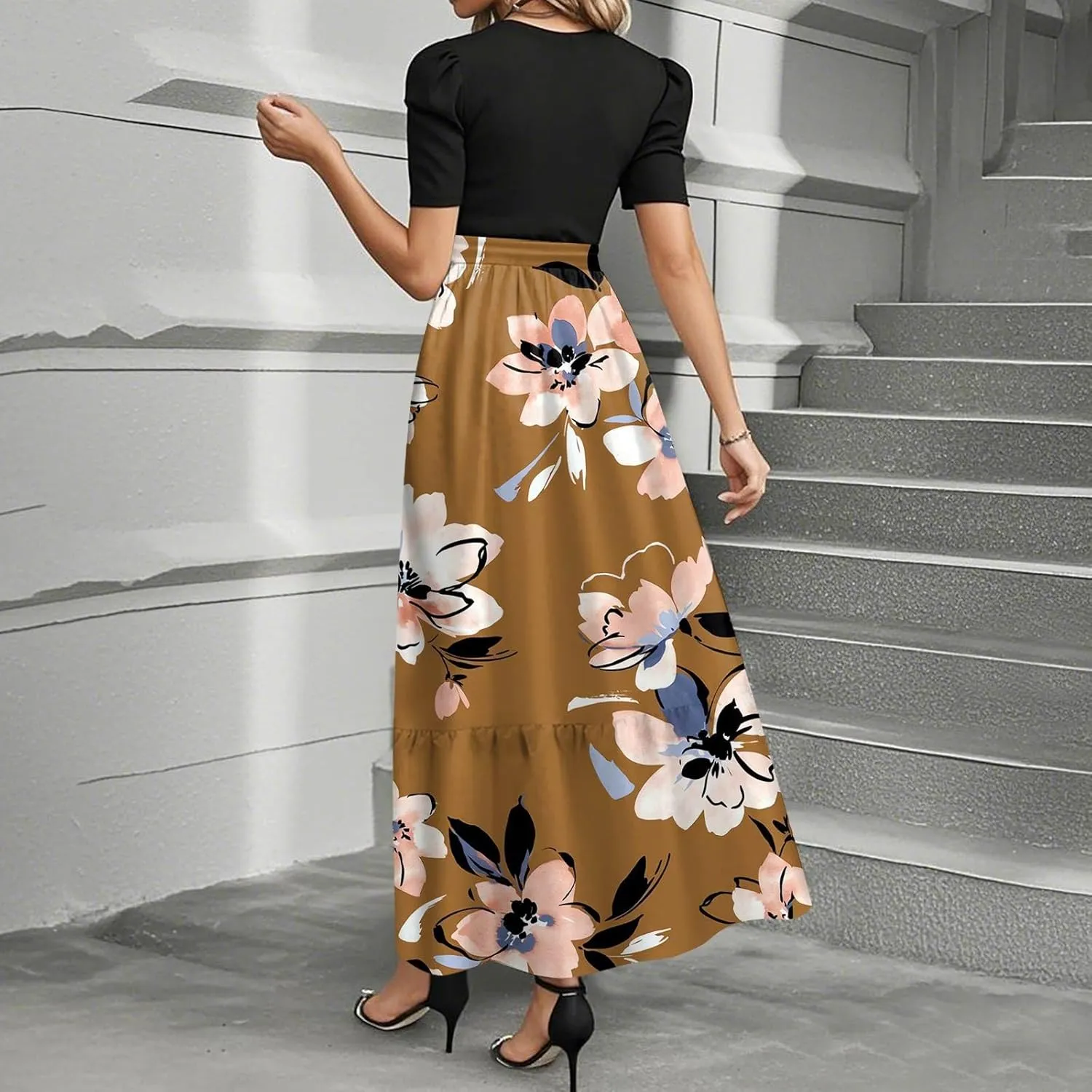 Women 2025 Summer Casual Round Neck Short Sleeve Long Tiered Floral Maxi Flowy Beach Dress