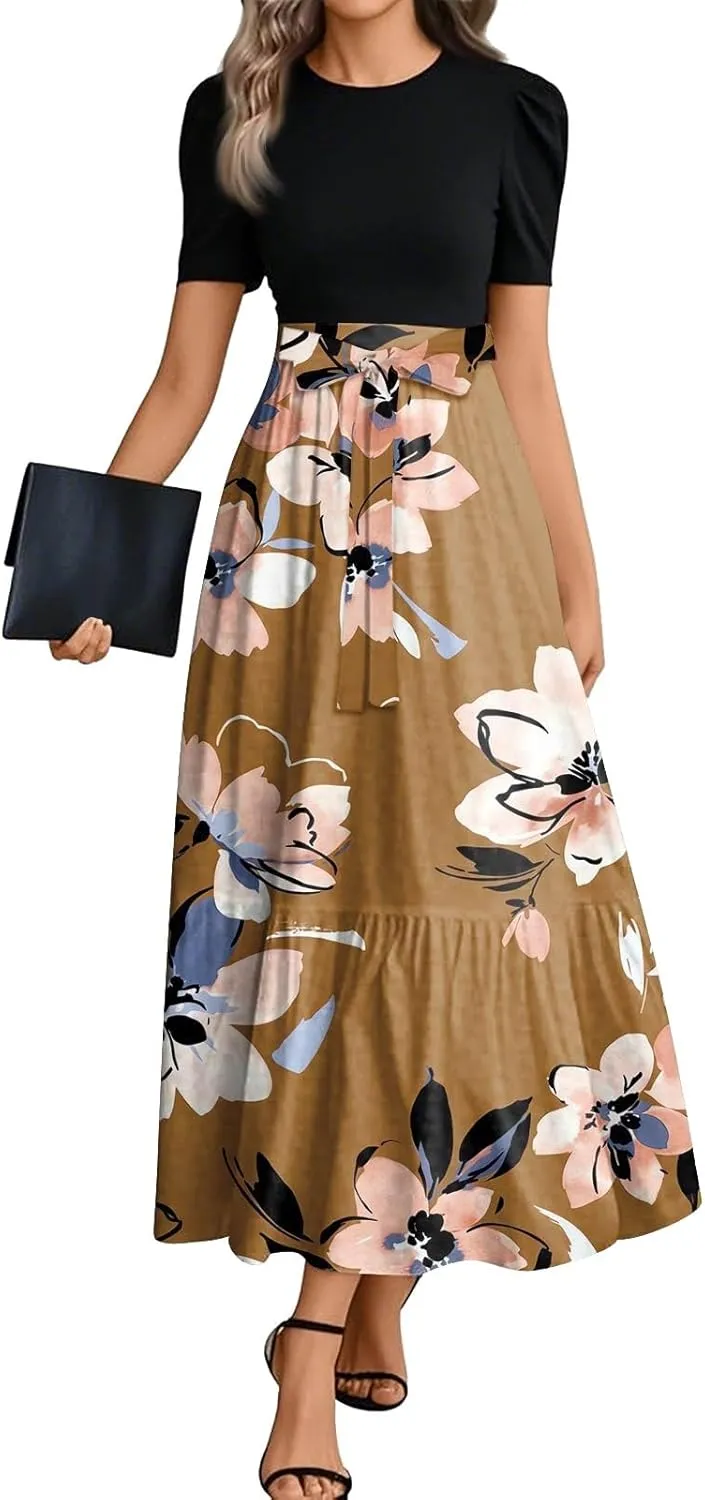 Women 2025 Summer Casual Round Neck Short Sleeve Long Tiered Floral Maxi Flowy Beach Dress