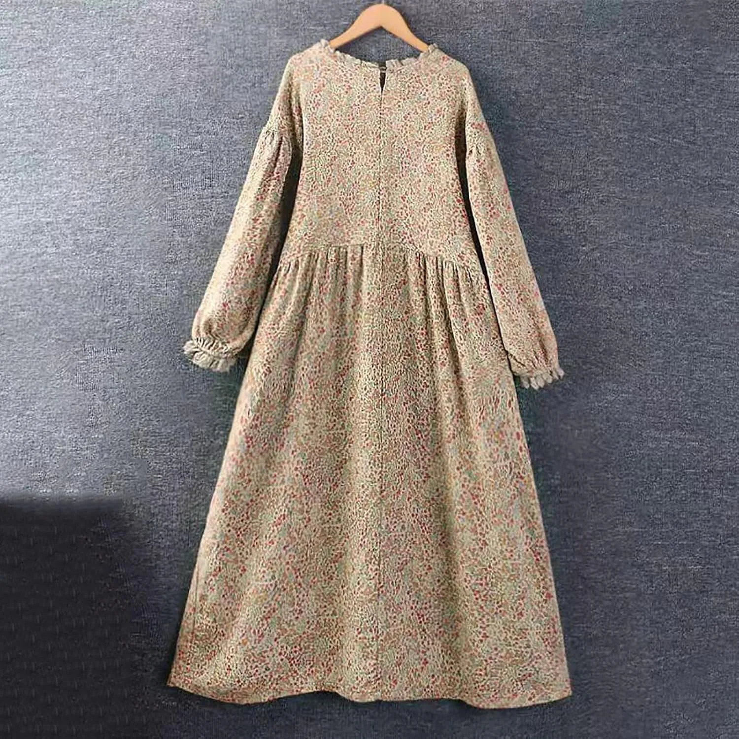 Women Boho Cotton Linen Dress Lace Trim Crew Neck Long Sleeve Midi Dresses Vintage Classic Floral Printed A-Line Dress