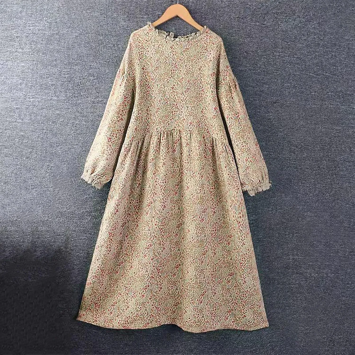 Women Boho Cotton Linen Dress Lace Trim Crew Neck Long Sleeve Midi Dresses Vintage Classic Floral Printed A-Line Dress