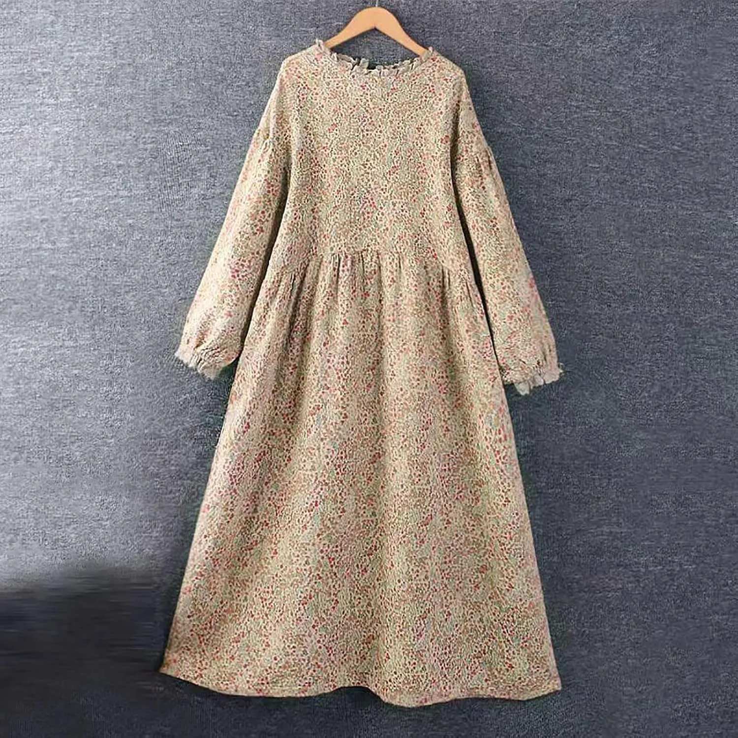 Women Boho Cotton Linen Dress Lace Trim Crew Neck Long Sleeve Midi Dresses Vintage Classic Floral Printed A-Line Dress