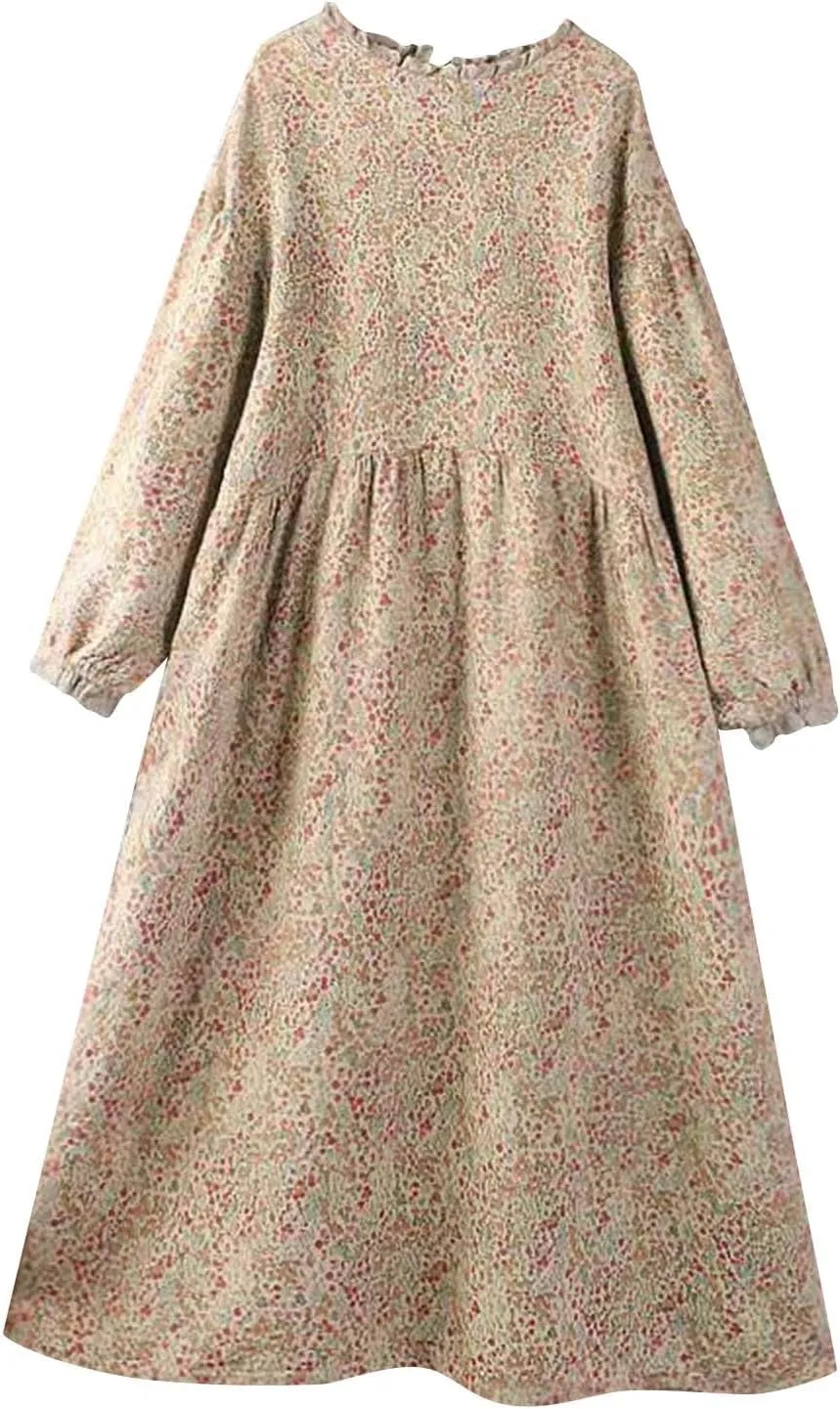 Women Boho Cotton Linen Dress Lace Trim Crew Neck Long Sleeve Midi Dresses Vintage Classic Floral Printed A-Line Dress