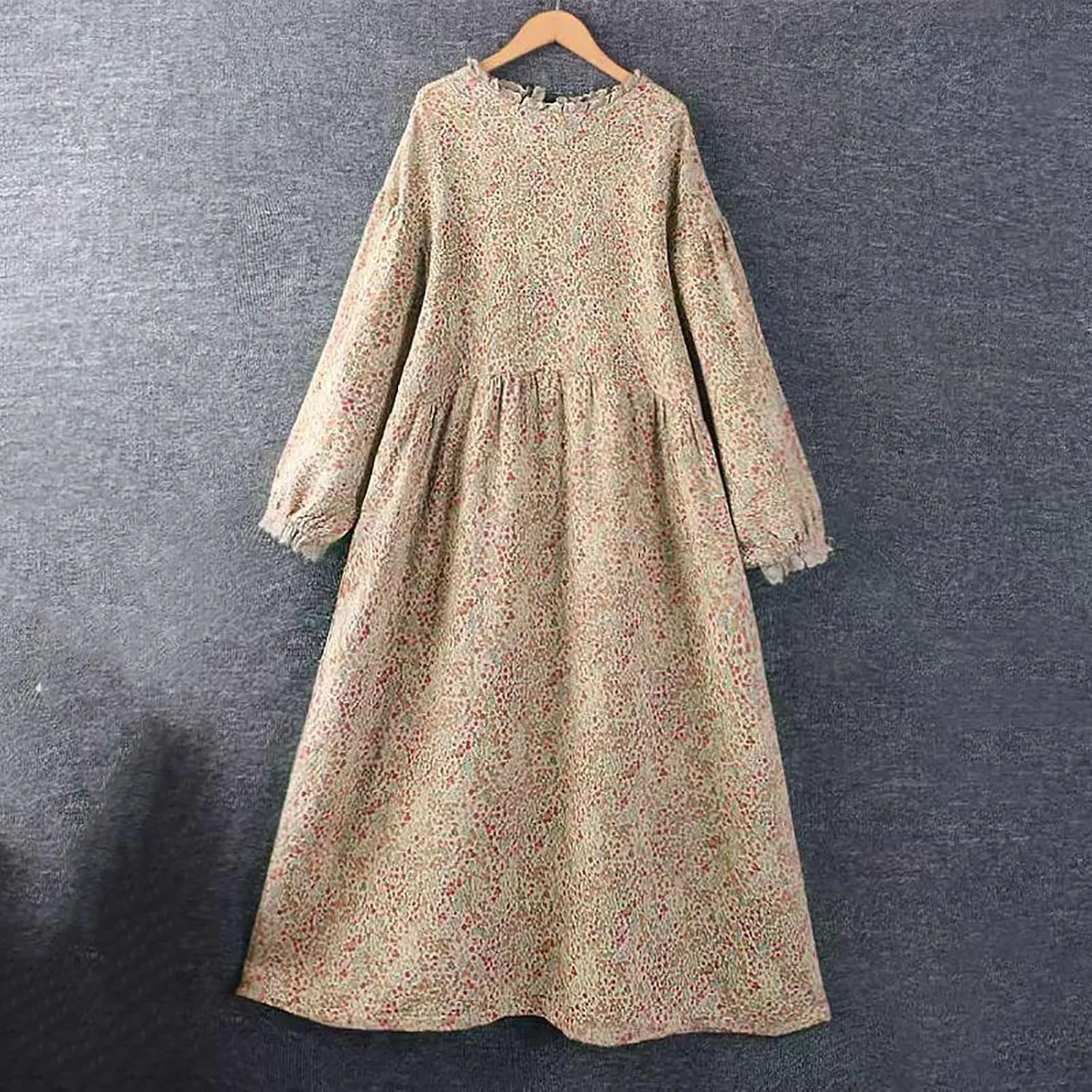 Women Boho Cotton Linen Dress Lace Trim Crew Neck Long Sleeve Midi Dresses Vintage Classic Floral Printed A-Line Dress
