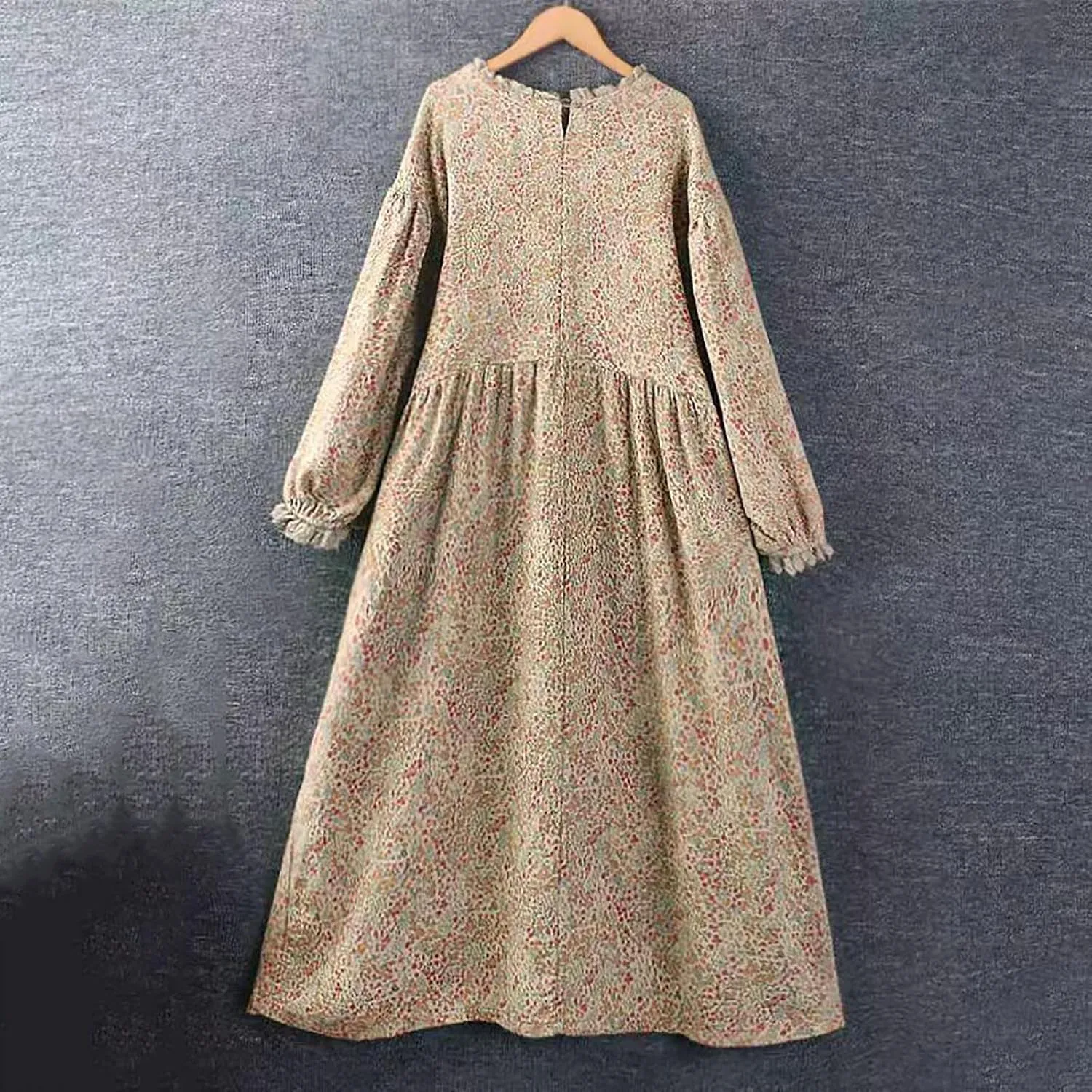 Women Boho Cotton Linen Dress Lace Trim Crew Neck Long Sleeve Midi Dresses Vintage Classic Floral Printed A-Line Dress