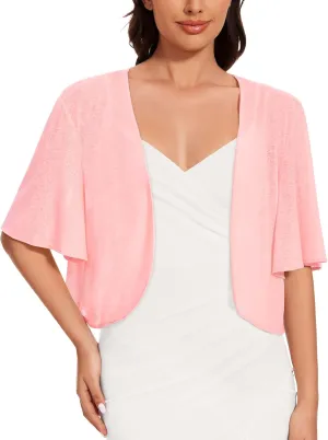 Women Bolero Shrug Cardigan Open Front Cover Up Sheer Short Sleeve Kimonos for Evening Dress(Pink,2XL