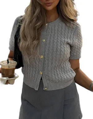Women Cable Knit Cardigan Sweaters Short Sleeve Vintage Button Down Y2k Crop Knit Cardigan Casual Soft Sweater