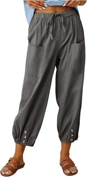 Women Casual Lantern Tapered Harem Pants Solid Loose Fit Style Cotton Linen Capris Pants Elastic Waist Cotton Trouser