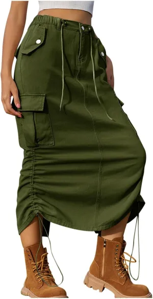 Women Denim Cargo Long Skirts High Waisted Pencil Skirt Summer Fashion Y2k Midi Length Jean Skirt with Cargo Pockets