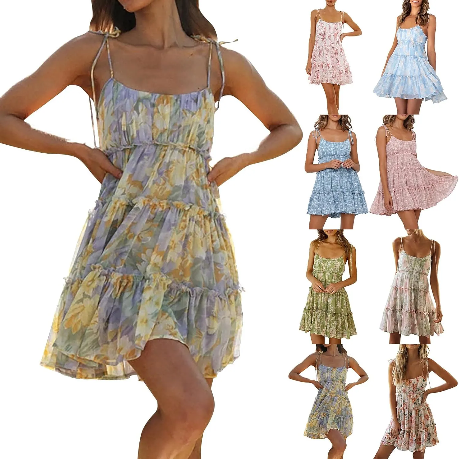 Women Floral Mini Dress Spaghetti Strap Ruffle Tiered Dress Cute Summer Chiffon Flowy Beach Vacation Sun Dresses