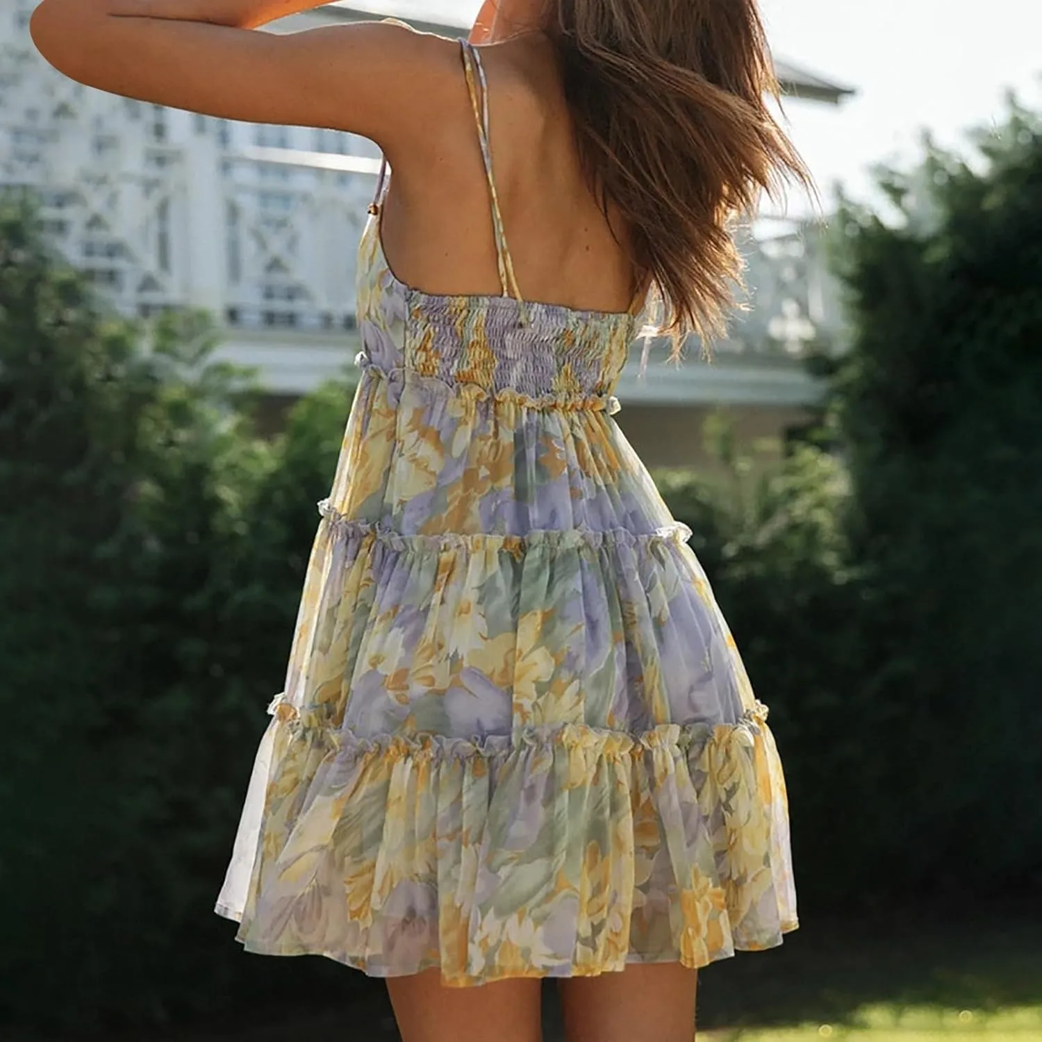 Women Floral Mini Dress Spaghetti Strap Ruffle Tiered Dress Cute Summer Chiffon Flowy Beach Vacation Sun Dresses