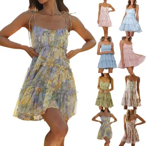 Women Floral Mini Dress Spaghetti Strap Ruffle Tiered Dress Cute Summer Chiffon Flowy Beach Vacation Sun Dresses