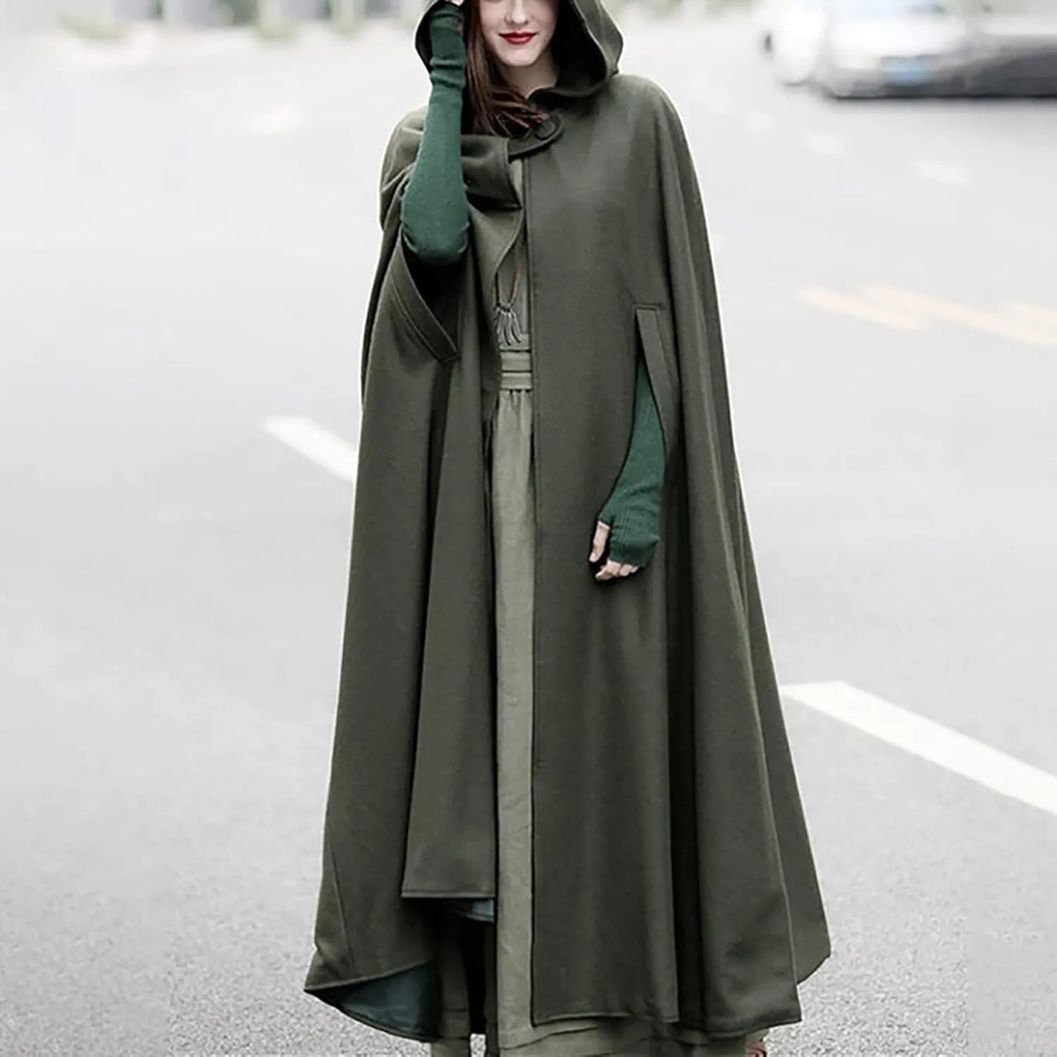 Women Hooded Wool Blend Maxi Long Cape Poncho Maxi Cloak Coat Fall Winter Trench Coat Robe Gothic Plus Size Clothes
