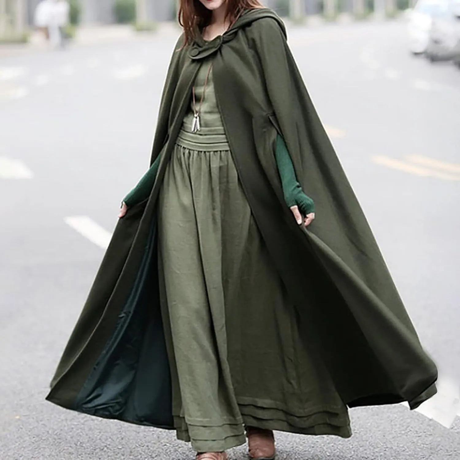 Women Hooded Wool Blend Maxi Long Cape Poncho Maxi Cloak Coat Fall Winter Trench Coat Robe Gothic Plus Size Clothes