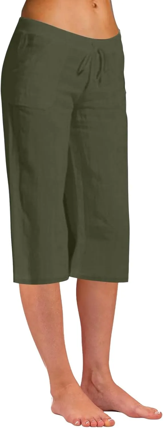 Women Linen Blend Summer Pull On Palazzo Lounge Pants High Waist Straight Slim-Fit Trousers Beach