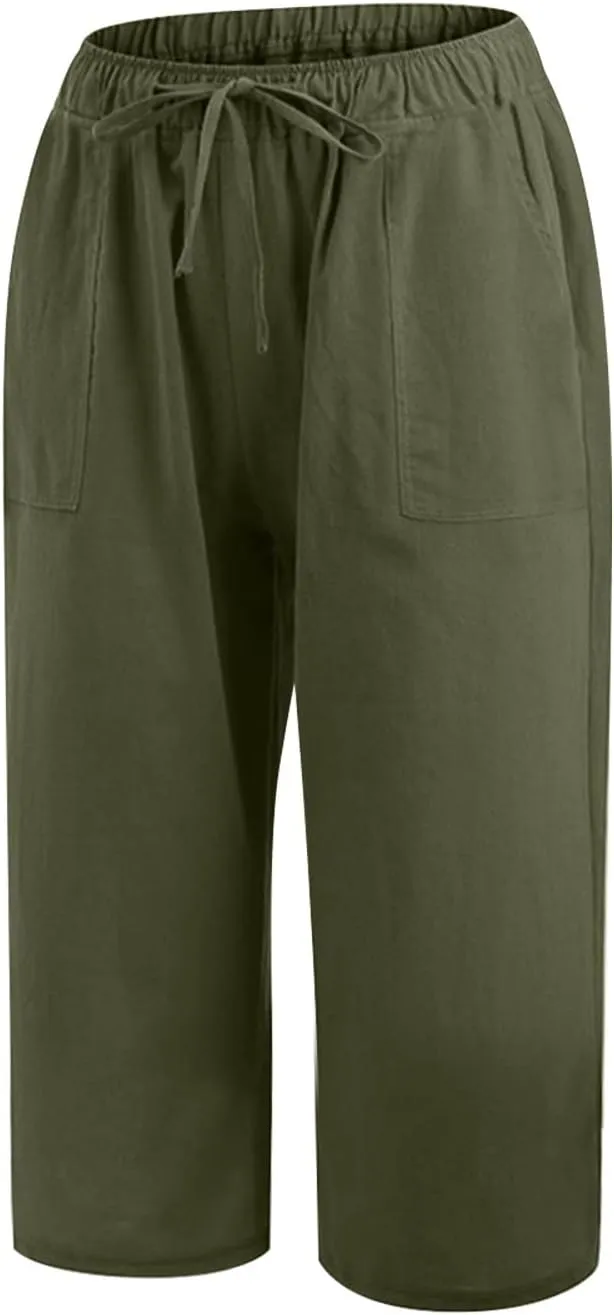 Women Linen Blend Summer Pull On Palazzo Lounge Pants High Waist Straight Slim-Fit Trousers Beach