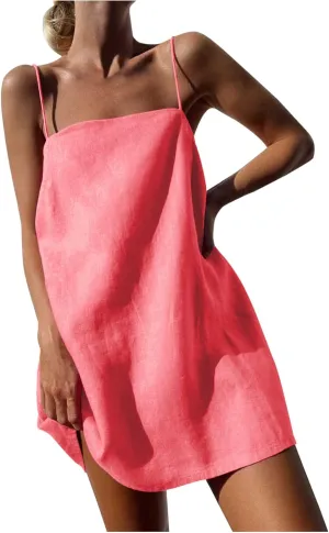Women Linen Mini Dress Spaghetti Strap Summer Dress Casual Loose Sundress Short Cami Dress Beach Party Sun Dress