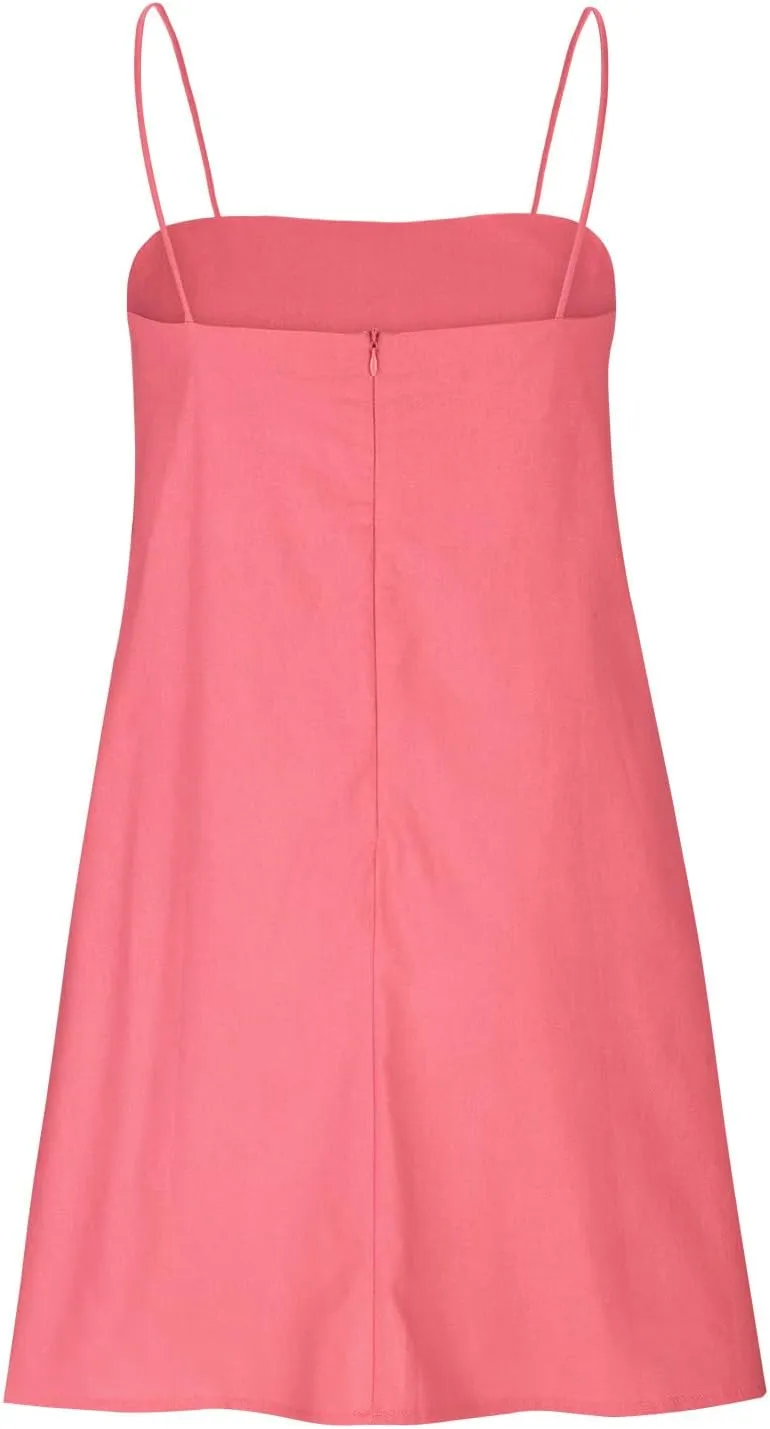 Women Linen Mini Dress Spaghetti Strap Summer Dress Casual Loose Sundress Short Cami Dress Beach Party Sun Dress