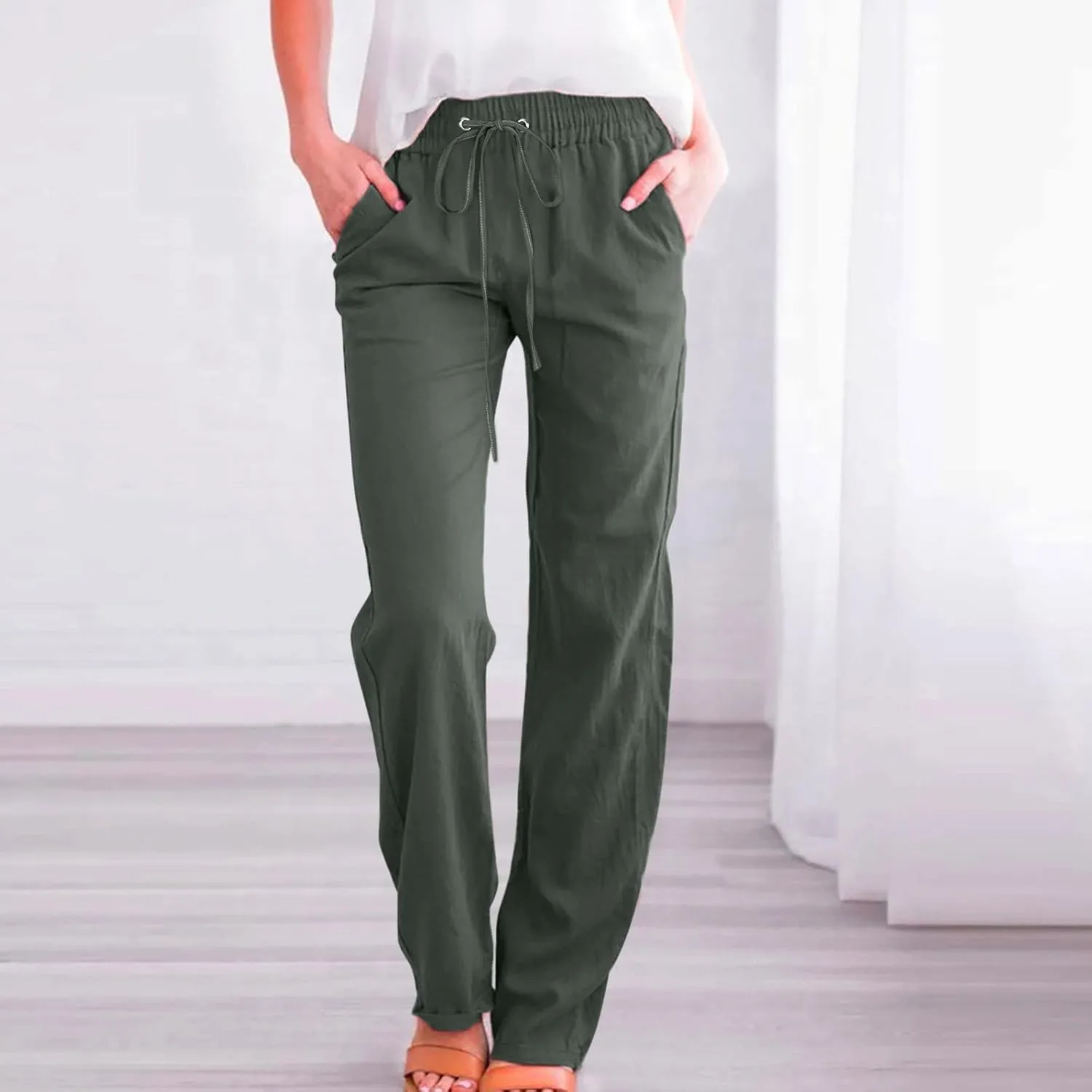 Women Linen Summer Loose Flowy Palazzo Pants Low Waist Baggy Stretchy Slim Fit Pants Trendy