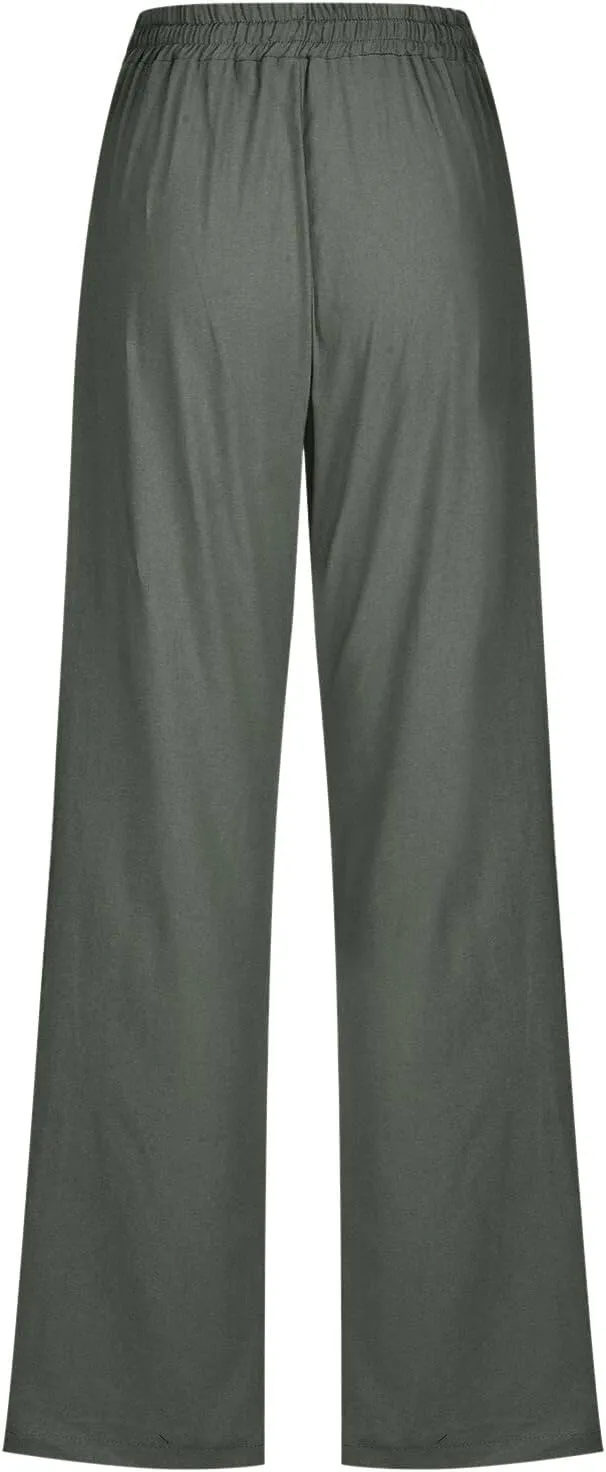 Women Linen Summer Loose Flowy Palazzo Pants Low Waist Baggy Stretchy Slim Fit Pants Trendy