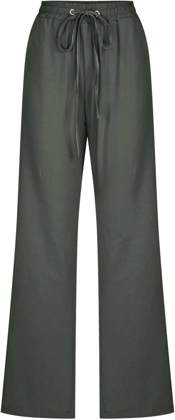 Women Linen Summer Loose Flowy Palazzo Pants Low Waist Baggy Stretchy Slim Fit Pants Trendy