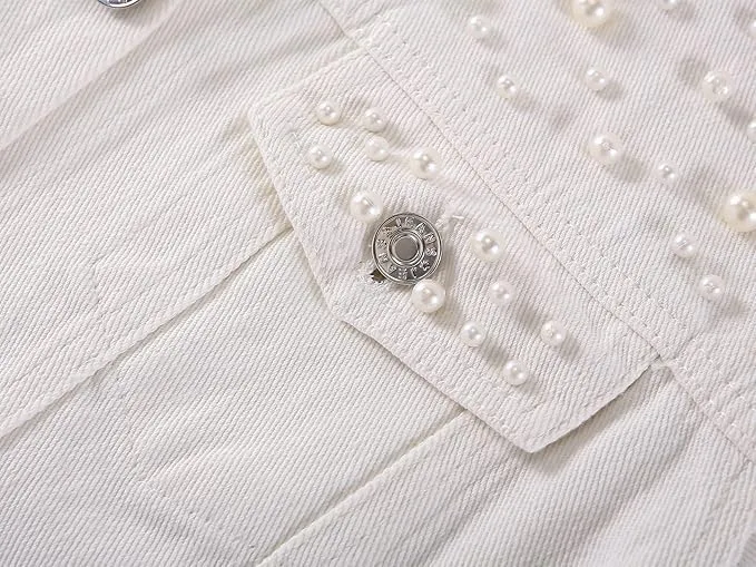 Women Oversized Denim Jacket Embroidered Pearls Beading Cropped Long Sleeve Boyfriend Jeans Coat