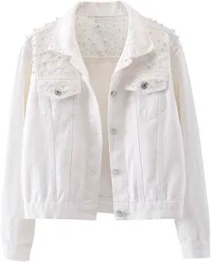 Women Oversized Denim Jacket Embroidered Pearls Beading Cropped Long Sleeve Boyfriend Jeans Coat