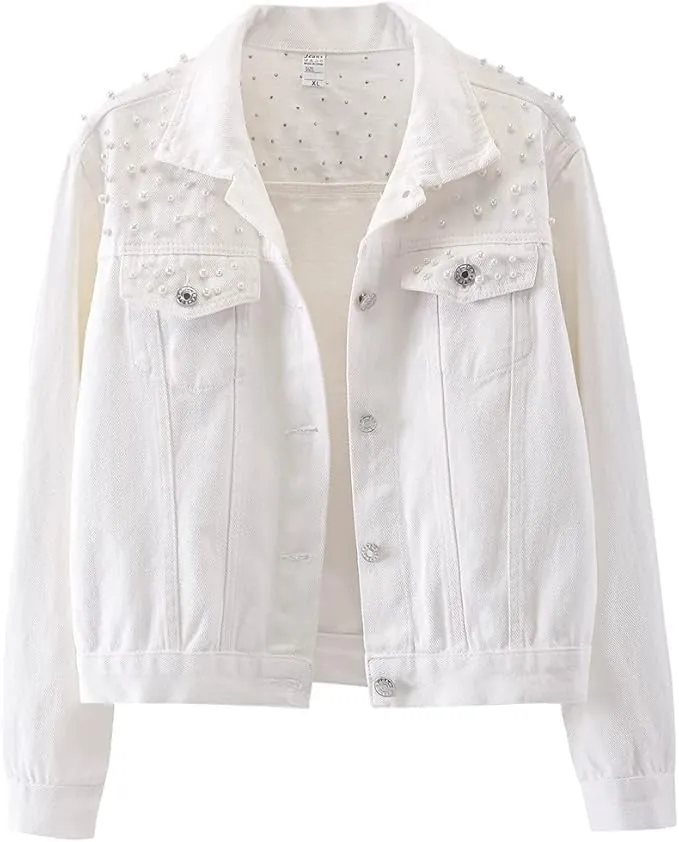Women Oversized Denim Jacket Embroidered Pearls Beading Cropped Long Sleeve Boyfriend Jeans Coat