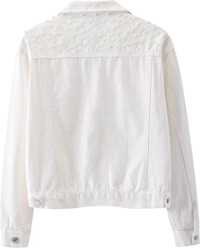 Women Oversized Denim Jacket Embroidered Pearls Beading Cropped Long Sleeve Boyfriend Jeans Coat