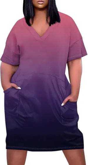 Women Plus Size Hawaiian Dress Summer V Neck Short Sleeve Gradient Print Midi T Shirt Dresses with Pockets, L-5XL
