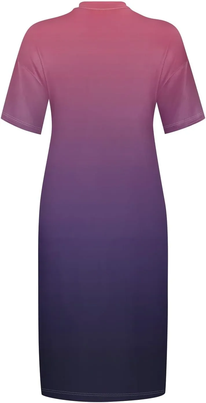 Women Plus Size Hawaiian Dress Summer V Neck Short Sleeve Gradient Print Midi T Shirt Dresses with Pockets, L-5XL