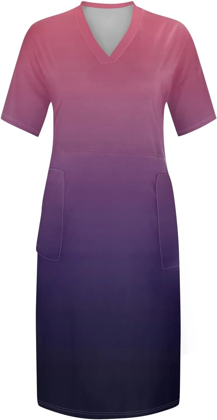 Women Plus Size Hawaiian Dress Summer V Neck Short Sleeve Gradient Print Midi T Shirt Dresses with Pockets, L-5XL