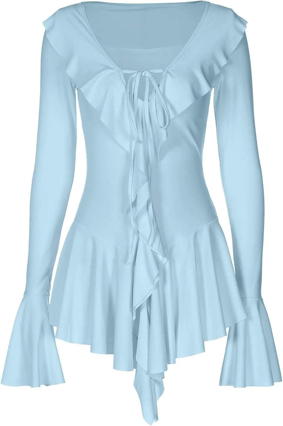 Women Sexy V Neck Dresses Tie Front Ruffle Mini Beach Dress Long Sleeve Casual Slim Fit Solid Ruched Bodycon Short Dress 2025