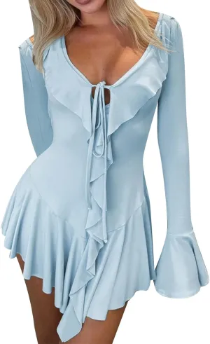 Women Sexy V Neck Dresses Tie Front Ruffle Mini Beach Dress Long Sleeve Casual Slim Fit Solid Ruched Bodycon Short Dress 2025
