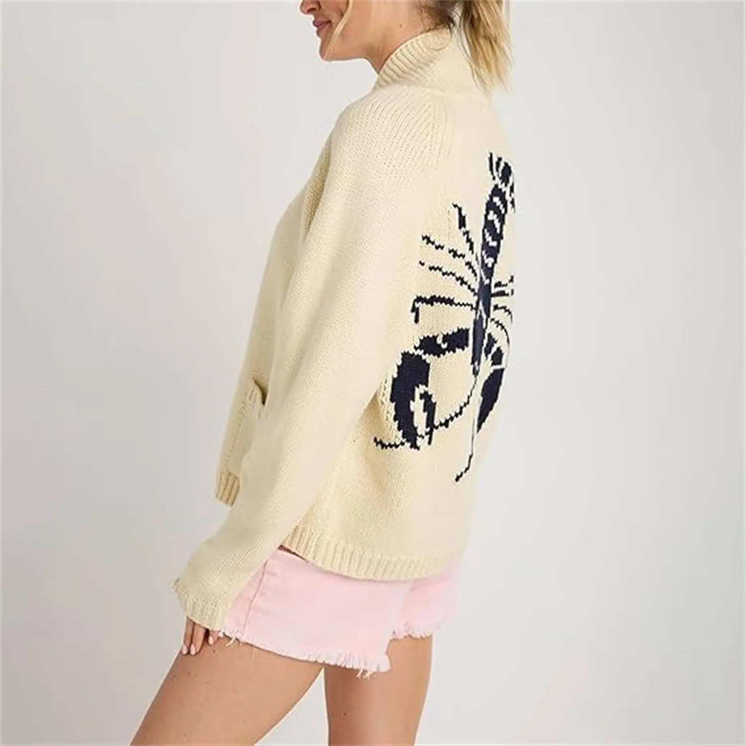 Women Shawl Collar Cardigan Sweater Lobster Print Long Sleeve Button Down Jumper Tops Vintage Chunky Knit Coat