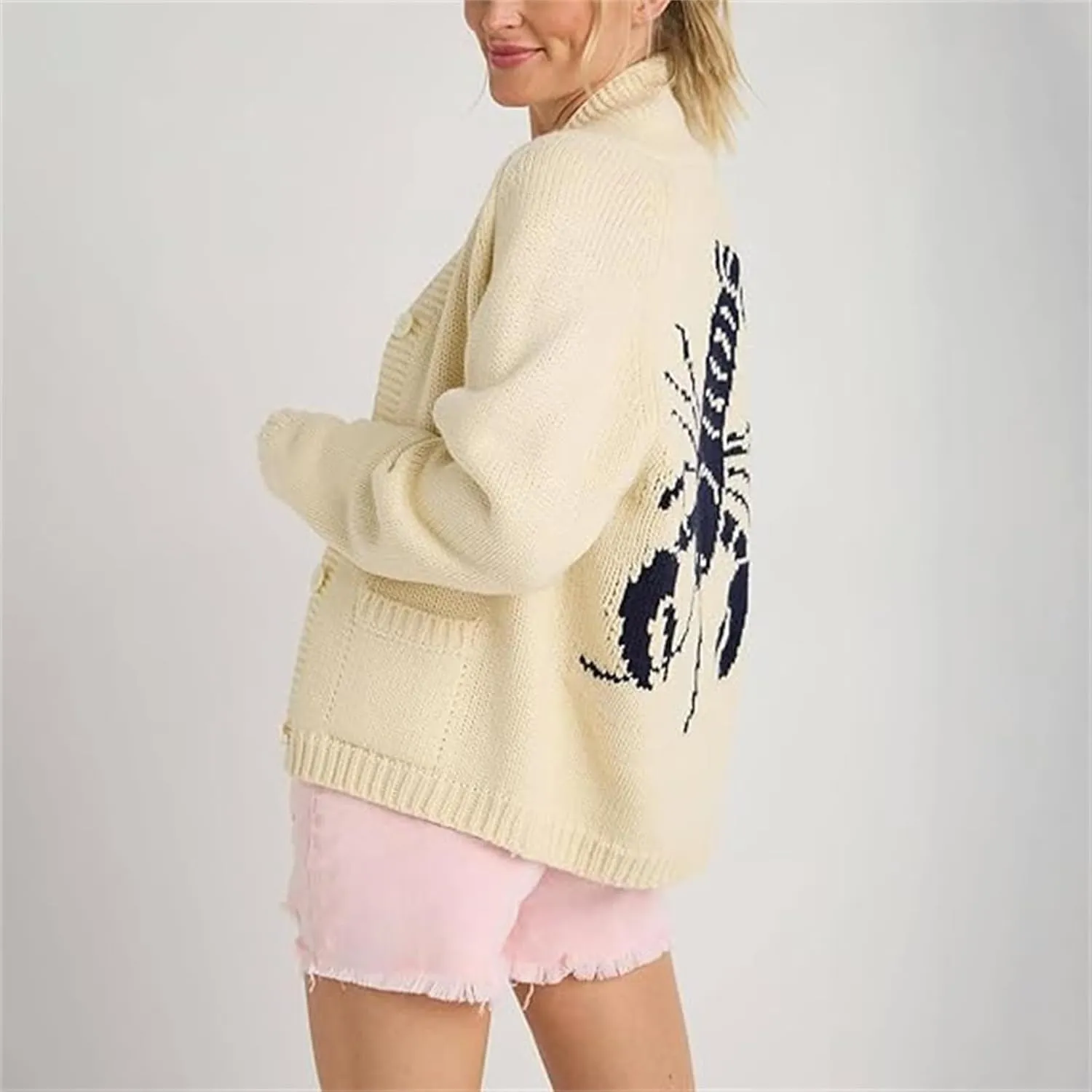 Women Shawl Collar Cardigan Sweater Lobster Print Long Sleeve Button Down Jumper Tops Vintage Chunky Knit Coat
