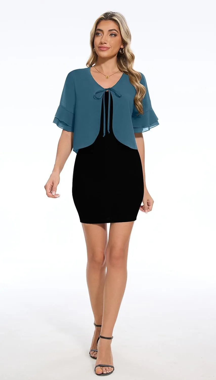 Women Shrug Chiffon Bolero Ruffle Short Sleeve Summer Tie Front Sheer Cardigans for Dresses