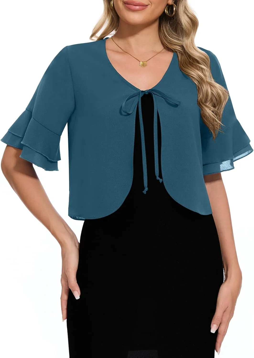 Women Shrug Chiffon Bolero Ruffle Short Sleeve Summer Tie Front Sheer Cardigans for Dresses
