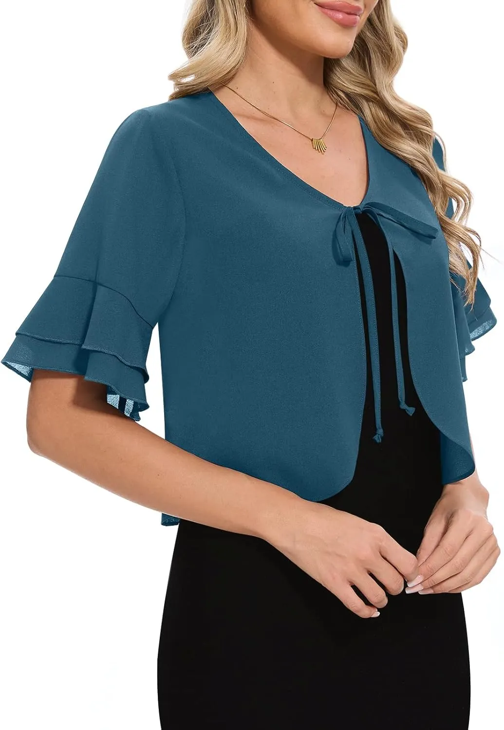 Women Shrug Chiffon Bolero Ruffle Short Sleeve Summer Tie Front Sheer Cardigans for Dresses