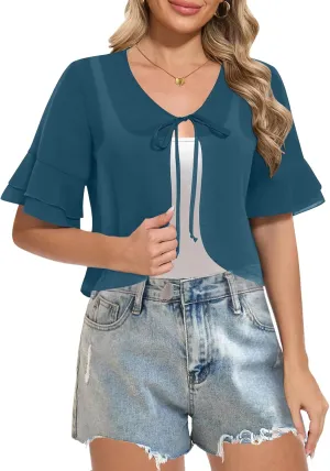 Women Shrug Chiffon Bolero Ruffle Short Sleeve Summer Tie Front Sheer Cardigans for Dresses