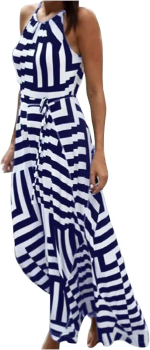 Women Spaghetti Strap Striped Sundress Sleeveless Tie Waist Maxi Dress Summer Smocked Flowy Trendy Boho Dresses 2024