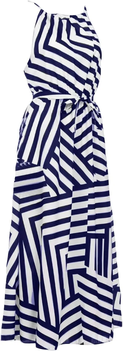 Women Spaghetti Strap Striped Sundress Sleeveless Tie Waist Maxi Dress Summer Smocked Flowy Trendy Boho Dresses 2024