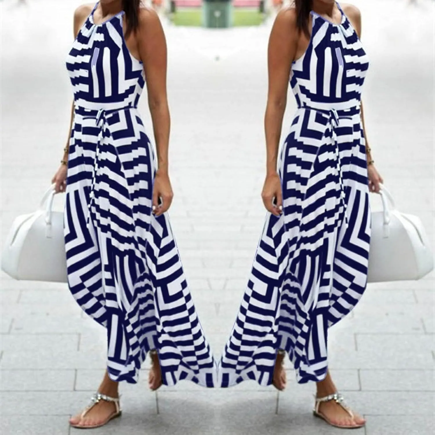 Women Spaghetti Strap Striped Sundress Sleeveless Tie Waist Maxi Dress Summer Smocked Flowy Trendy Boho Dresses 2024