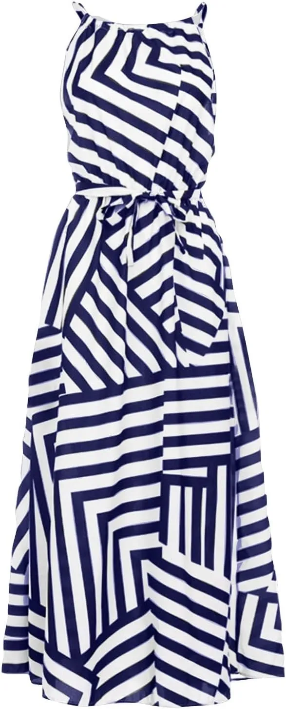 Women Spaghetti Strap Striped Sundress Sleeveless Tie Waist Maxi Dress Summer Smocked Flowy Trendy Boho Dresses 2024