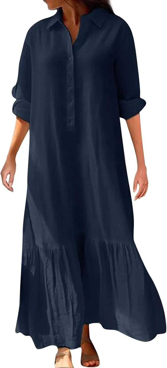 Women Spring Summer V Neck 3/4 Length Sleeve Maxi Dresses with Pockets Loose Cotton Linen Shirt Dress Casual Dress