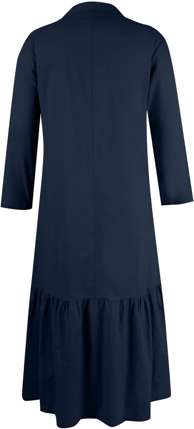 Women Spring Summer V Neck 3/4 Length Sleeve Maxi Dresses with Pockets Loose Cotton Linen Shirt Dress Casual Dress