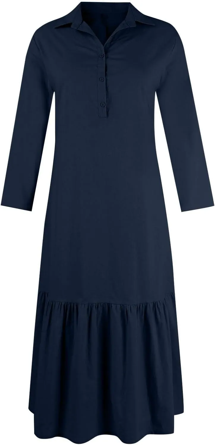Women Spring Summer V Neck 3/4 Length Sleeve Maxi Dresses with Pockets Loose Cotton Linen Shirt Dress Casual Dress