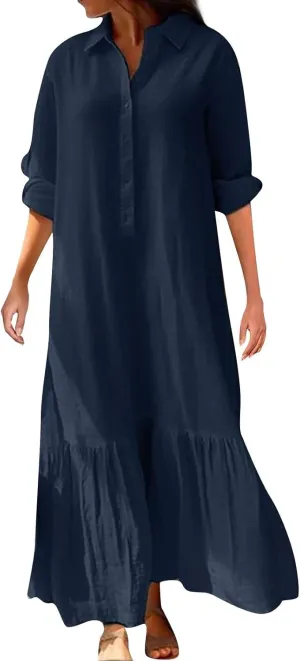 Women Spring Summer V Neck 3/4 Length Sleeve Maxi Dresses with Pockets Loose Cotton Linen Shirt Dress Casual Dress