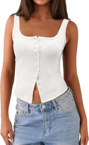 Women Square Neck Crop Tank Tops Sexy Y2K Summer Sleeveless Button Down Fitted Shirts Lace Going Out Camisole Tops